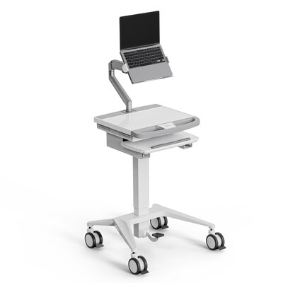 Mount-It! MedHub Mobile Medical Cart Workstation with Spring Arm Laptop Mount and Locking Caster Wheels, White/Grey (MI-16017)