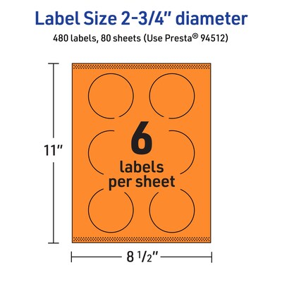 Avery Circle Multipurpose Labels, 2.75" Dia., Bright Orange, 480/Box (94512)