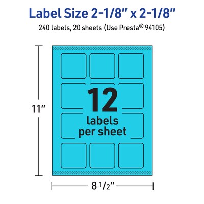 Avery Printable Square Multipurpose Labels, 2-1/8" x 2-1/8", Bright Blue, 240/Pack (94105)