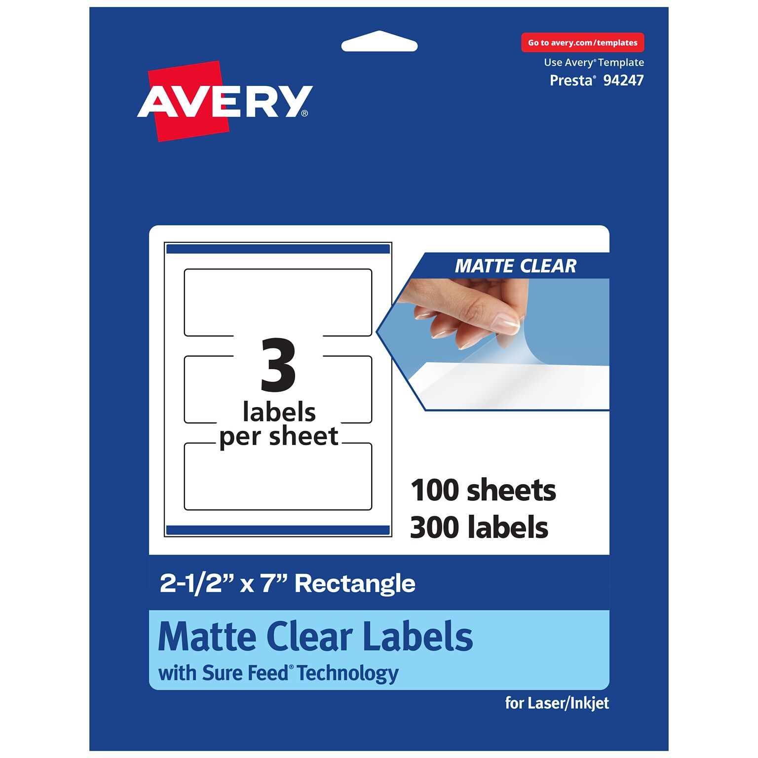 Avery Laser/Inkjet Rectangle Multipurpose Labels, 2-1/2 x 7, Clear, 300/Box (94247)