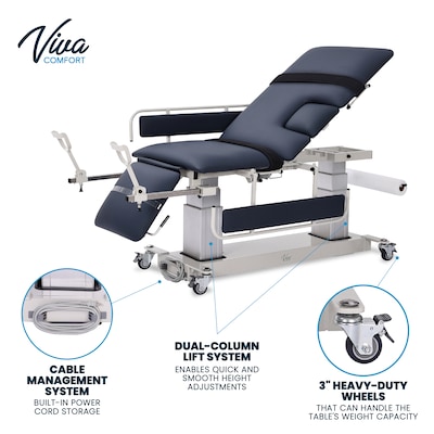 Viva Comfort Electric Height Adjust Imaging Exam Table with Drop Window and Stirrups, 550 lbs Capacity, Blue (ADI903-04-KIT-MK)