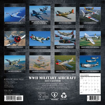 2027 Willow Creek WWII Military Aircraft 7 x 7 Monthly Wall Calendar, Assorted Colors (64306)