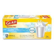 Glad® OdorShield Quick-Tie Small Trash Bags, 4 gal, 0.5 mil, 8 x 18, White, 26 Bags/Box, 6 Boxes/C