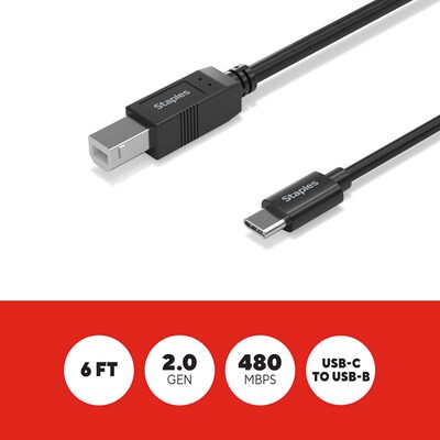 Staples TECH 6 ft. USB-C to USB-B 2.0 Cable, Male to Male, Black (ST62444)