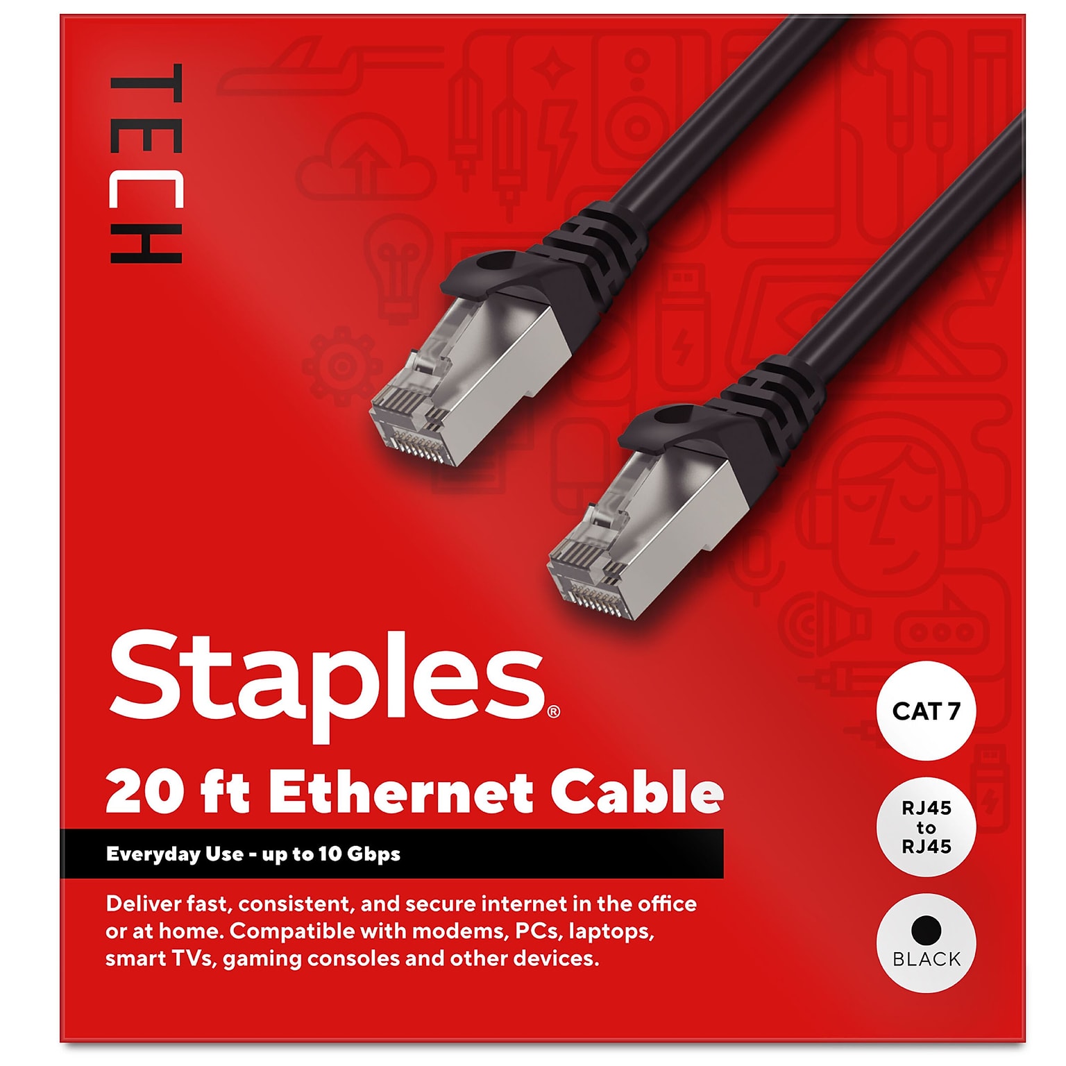 Staples TECH 20 ft. Cat 7 Ethernet Cable, Male to Male, Black (ST62462)