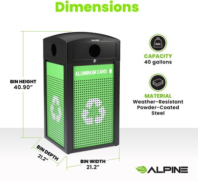 Alpine Industries GS Series Steel Recycling Bin, 40 Gallon, Green (ALP471-40-GS-C)