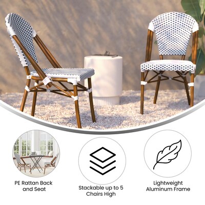 Flash Furniture Lourdes Contemporary Aluminum and PE Rattan Bistro Stack Chairs, White/Navy/Natural, Set of 2 (2SDA6421FWHNVNT)
