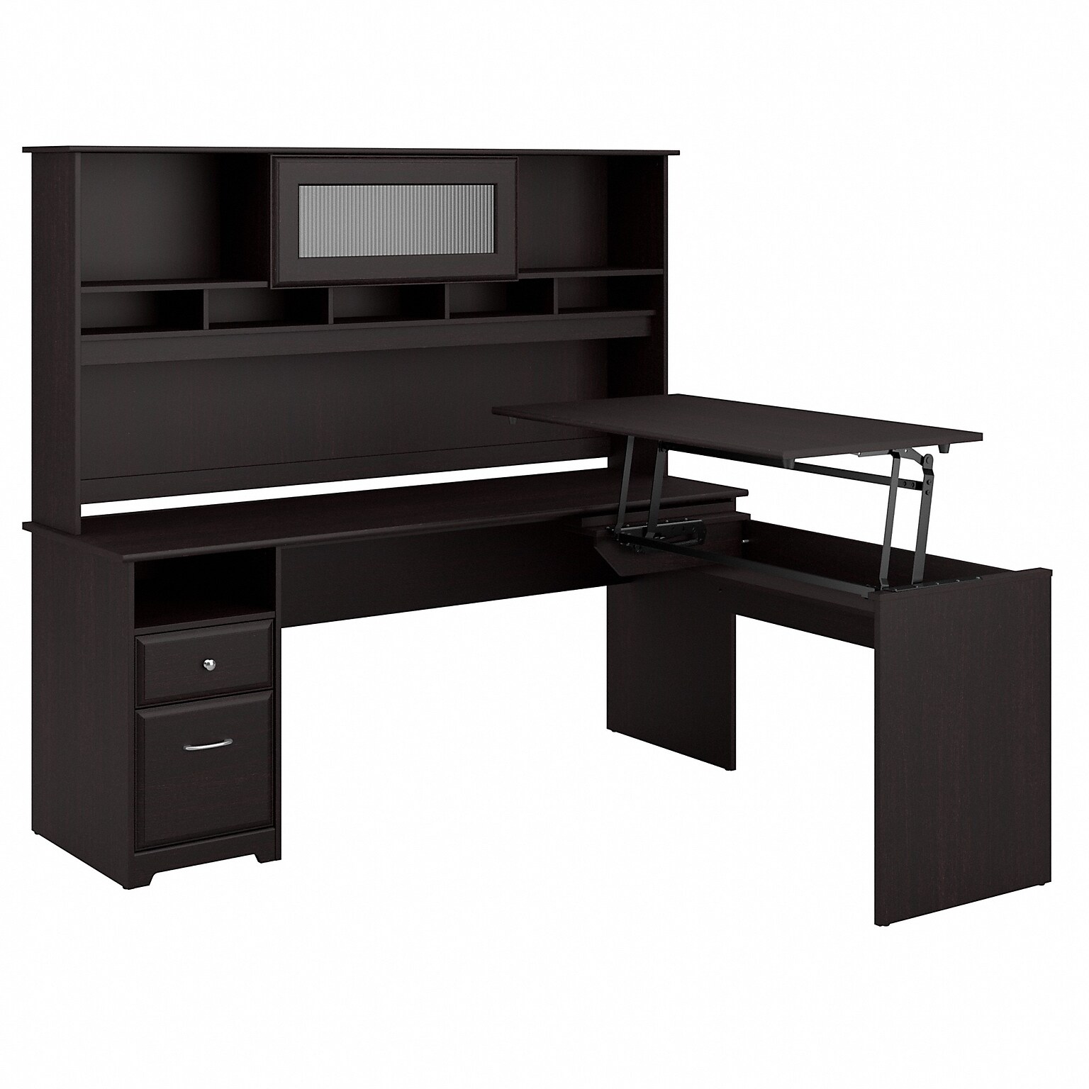 Bush Furniture Cabot 36-42H 3 Position L Shaped Sit to Stand Desk with Hutch, Espresso Oak (CAB052EPO)