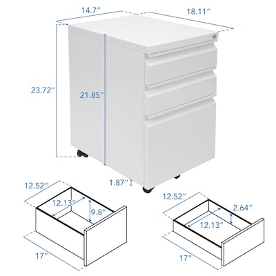 Mount-It! 3-Drawer Mobile File Cabinet, Letter & Legal Size, Lockable, 23.72"H x 14.7"W x 18.11"D, White (MI-941W)