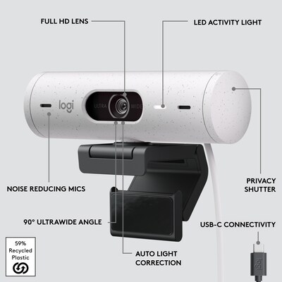 Logitech Brio 500 HD 1920 x 1080 Webcam, 4 Megapixels, Off-White (960-001427)