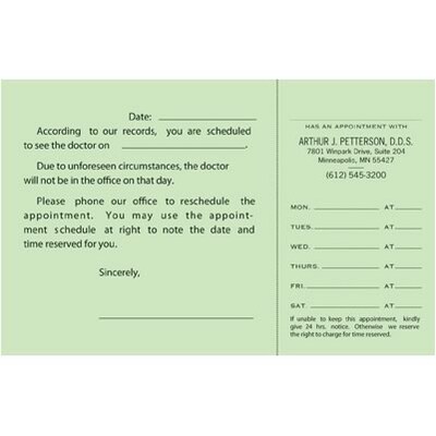 Custom Appointment Appointmentors, 3.5 x 5.5, 110# Green Index Stock, Perforated Business Card, Bl