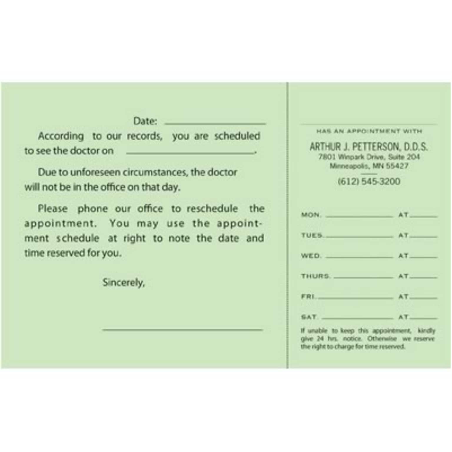 Custom Appointment Appointmentors, 3.5 x 5.5, 110# Green Index Stock, Perforated Business Card, Black Ink, 1-Sided, 100/Pk