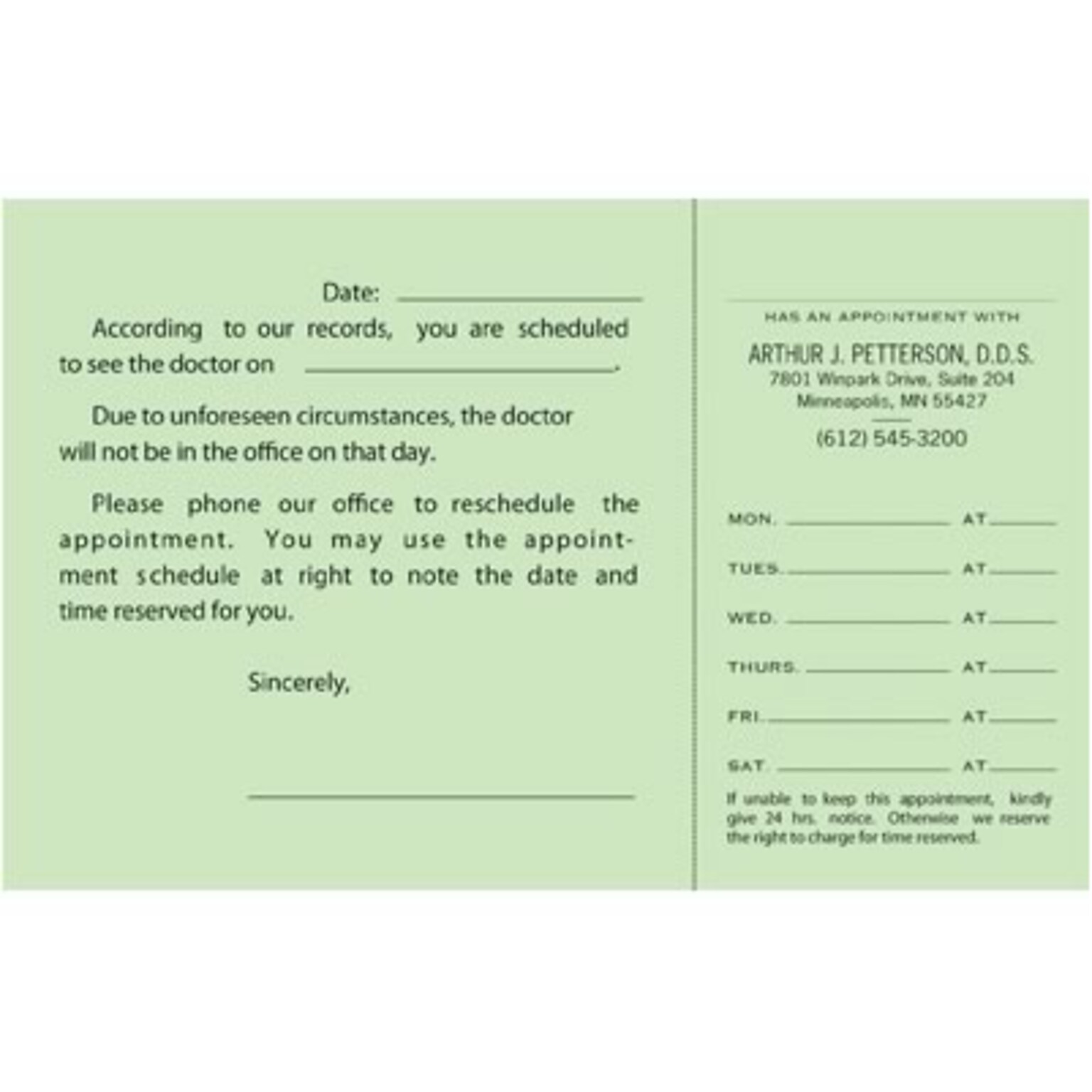 Custom Appointment Appointmentors, 3.5 x 5.5, 110# Green Index Stock, Perforated Business Card, Black Ink, 1-Sided, 100/Pk