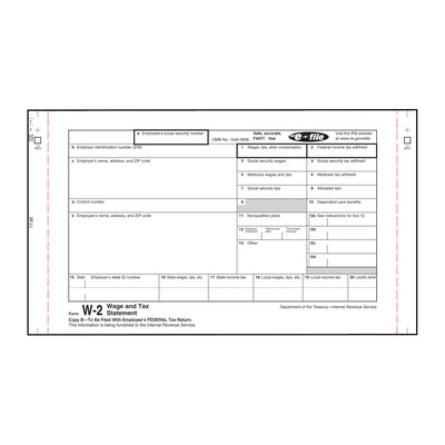 W-2 Forms; IRS Approved, Single-Width and Continuous; 4-Part Carbonless Elec. Reporting Employee Set