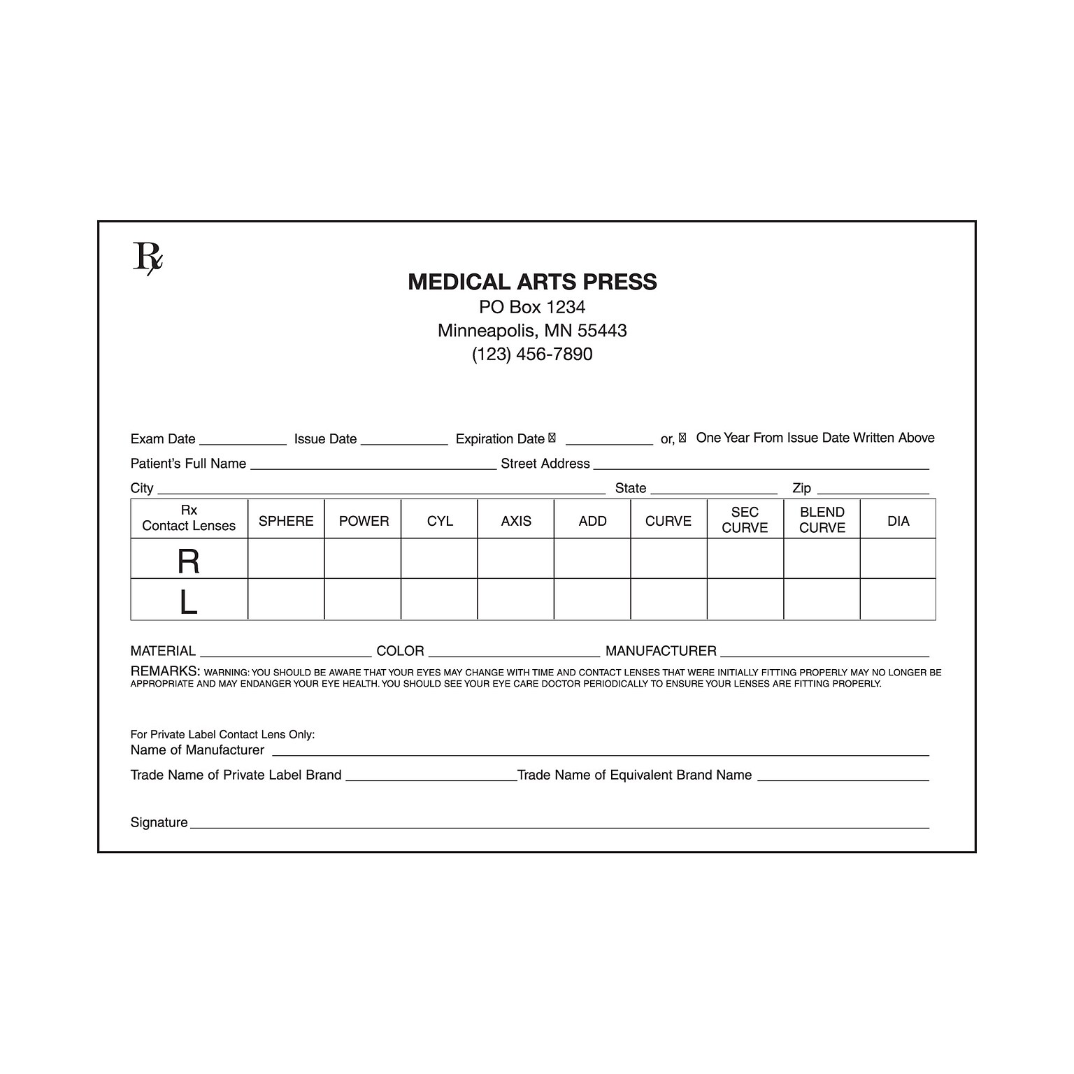 Medical Arts Press® Contact Lens Rx Blanks; 2-Part