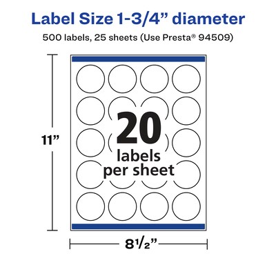 Avery Laser/Inkjet Multipurpose Circle Labels, 1.75" Dia, Glossy Clear, 500/Pack (94509)
