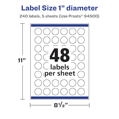 Avery Laser/Inkjet Round Multipurpose Labels, 1" Dia., White, 240 Labels/Pack (94500)