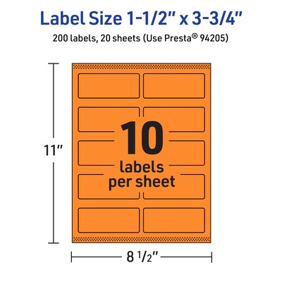 Avery Laser/Inkjet Multipurpose Rectangle Labels, 1.5" x 3.75", Bright Orange, 200/Pack (94205)