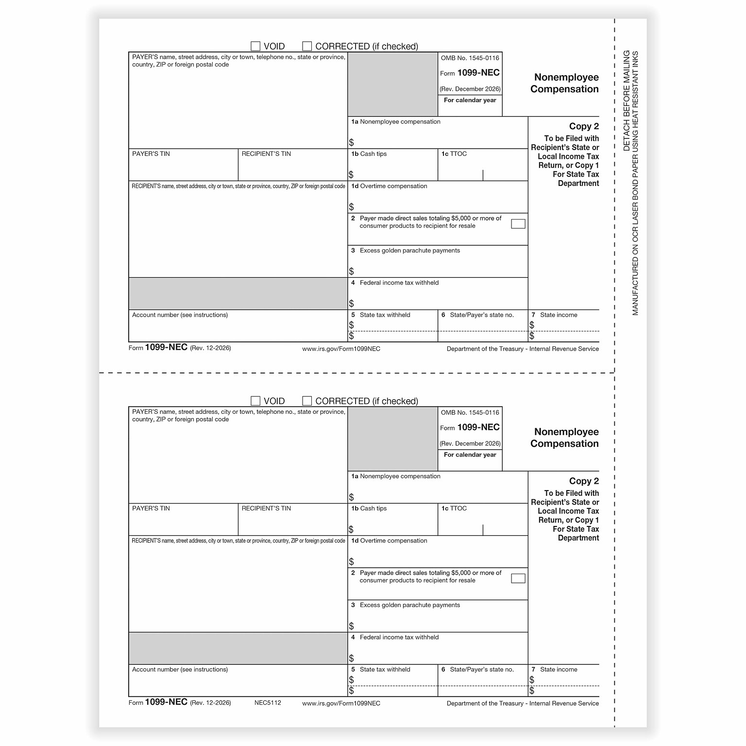ComplyRight 2026 1099-NEC Tax Form, 1-Part, 3-Up, Payer Copy C, 50/Pack (NEC511250)