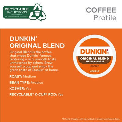Dunkin' Original Blend Coffee Keurig® K-Cup® Pods, Medium Roast, 64 Pods/Box (5000380571)