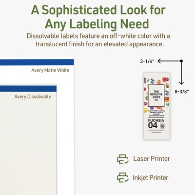 Avery Dissolvable Rectangle Multipurpose Labels, 3-1/4" x 8-3/8", Off-white, 15/Pack (94251)