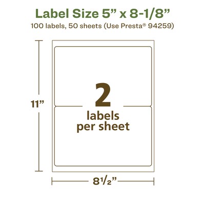Avery EcoFriendly Laser/Inkjet Rectangle Multipurpose Labels, 5" x 8-1/8", White, 100/Box (94259)