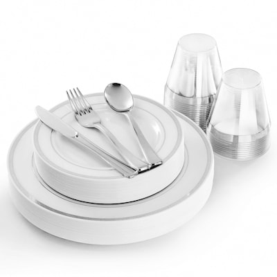 Round Elama Plastic Dinnerware Set, White/Silver, 150 Piece (935124339M)