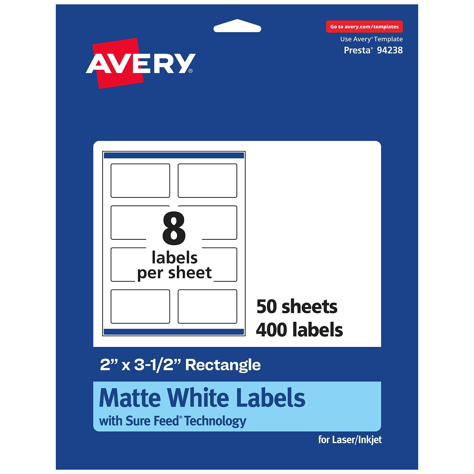 Avery Laser/Inkjet Rectangle Multipurpose Labels, 2 x 3.5, Matte White, 400 Labels/Box (94238)