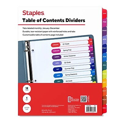 Staples Customizable Table of Contents Monthly Dividers, 12-Tabs, Multicolor