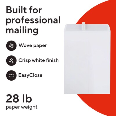 Staples 9 x 12 Catalog Mailing Envelopes, White Wove, QuickStrip EasyClose Peel & Seal, Strong Self-Seal Closure, 100/Pack