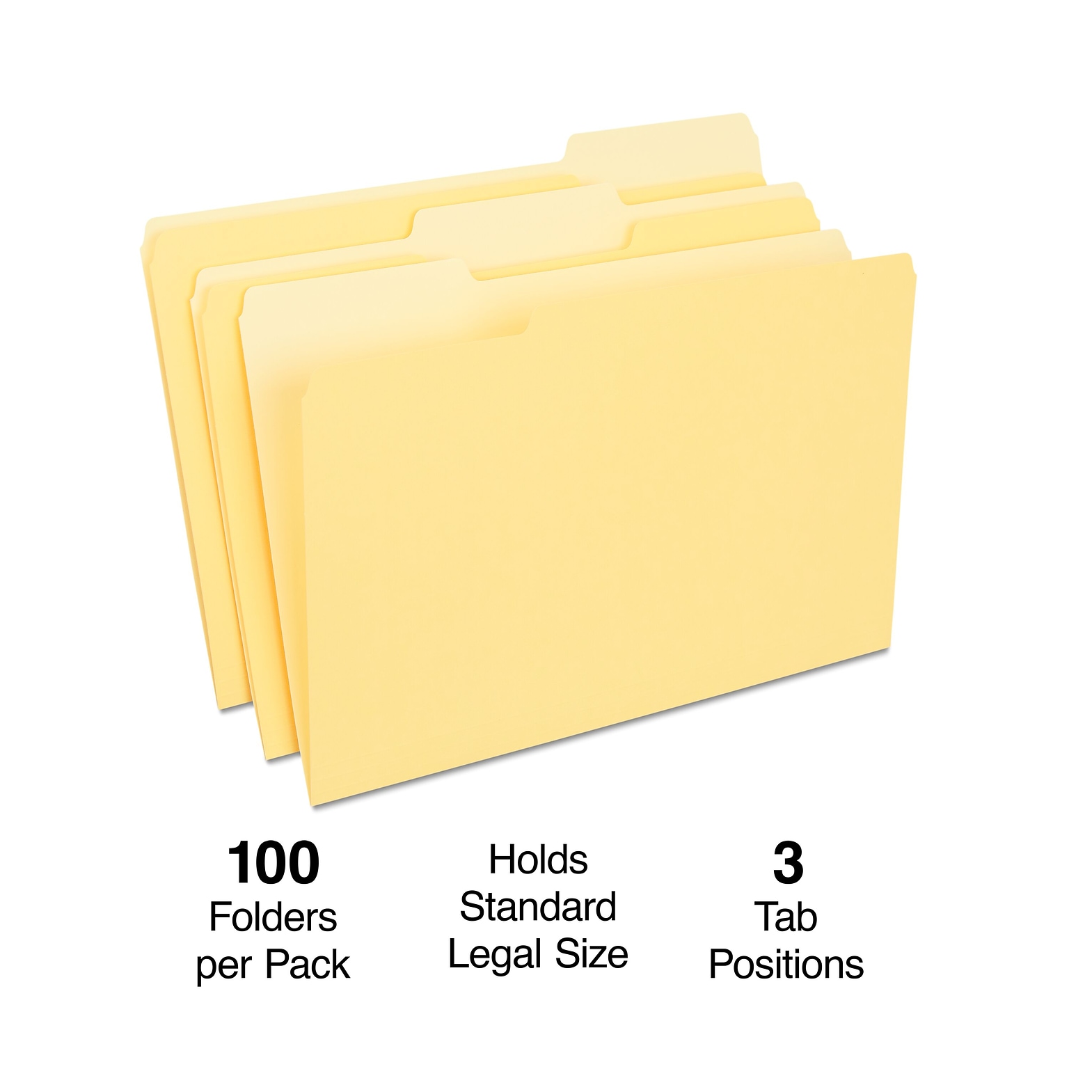 Staples Colored File Folders, Legal Size, 3-Tab Top-Tab Design, Yellow, Durable Paper Stock, 100/Pack