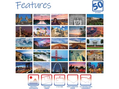 Better Office US Landmarks and Historical Sites Glossy Travel Postcards, Assorted Colors, 50/Pack (6
