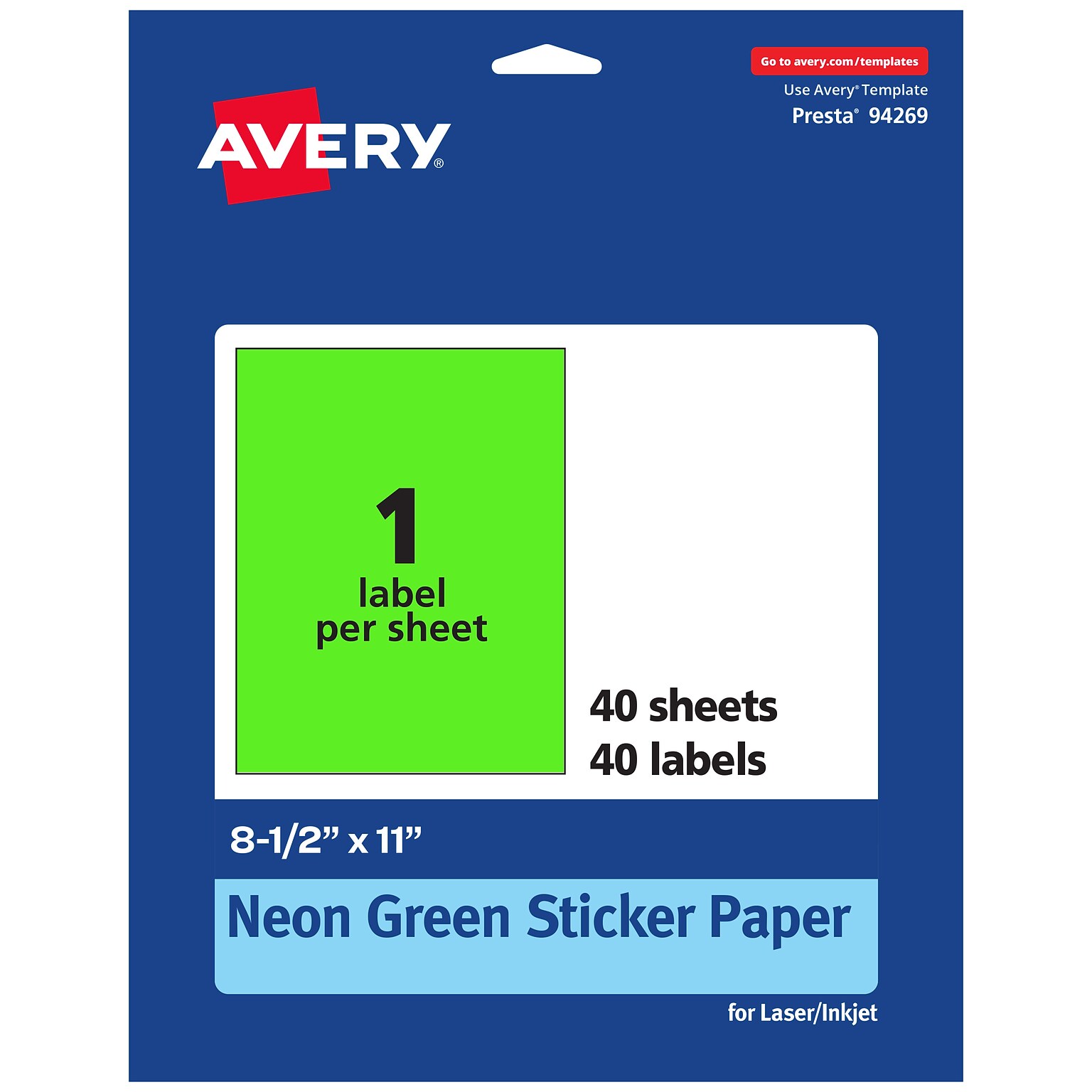 Avery Laser/Inkjet Multipurpose Rectangle Labels, 8.5 x 11, Neon Green, 40/Pack (94269)
