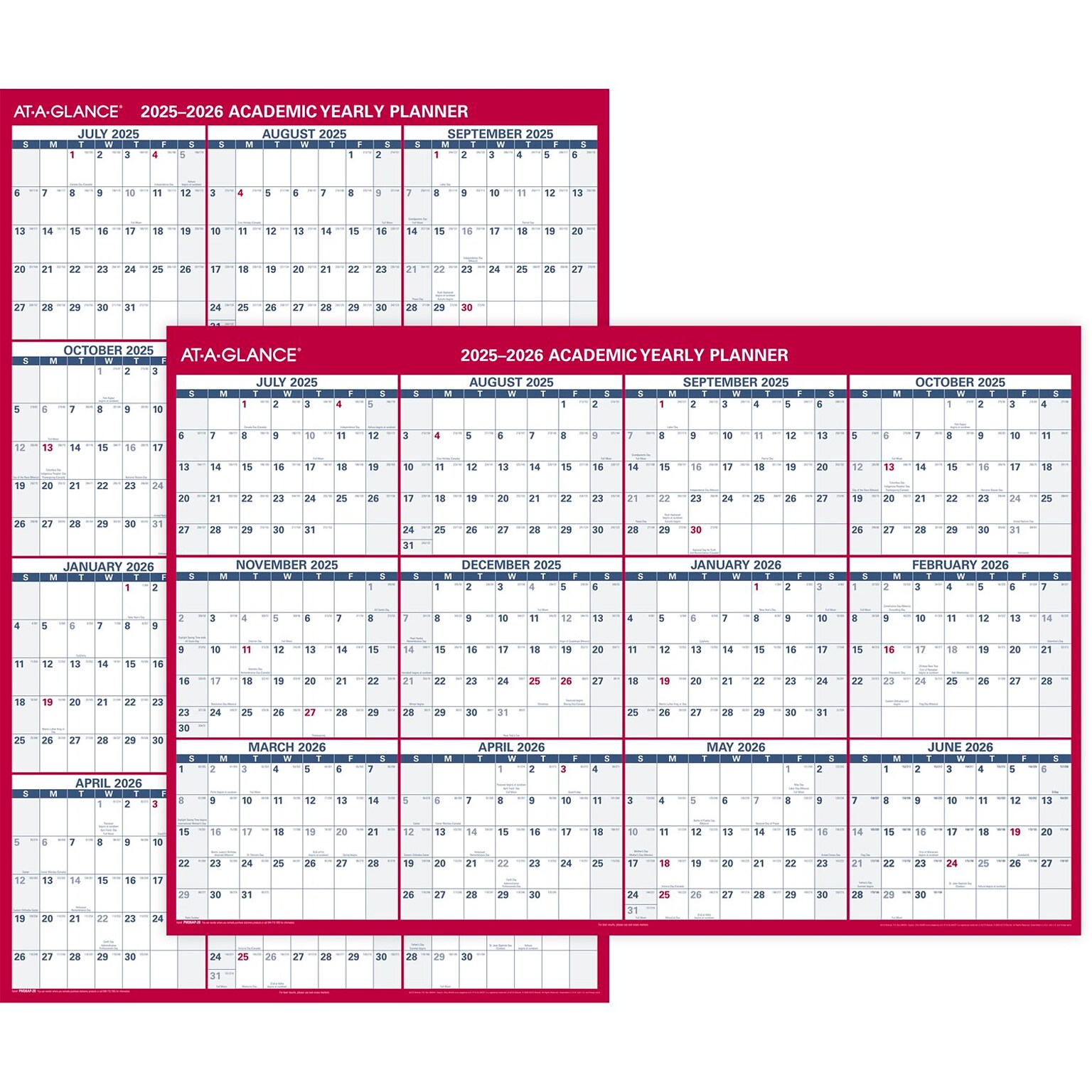 2025-2026 AT-A-GLANCE 48 x 32 Academic Yearly Wet-Erase Wall Calendar, Reversible, White/Red (PM36AP-28-26)