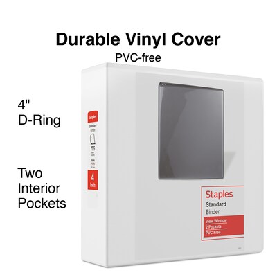 Staples® Standard 4" 3 Ring View Binder with D-Rings, White (26358-CC)