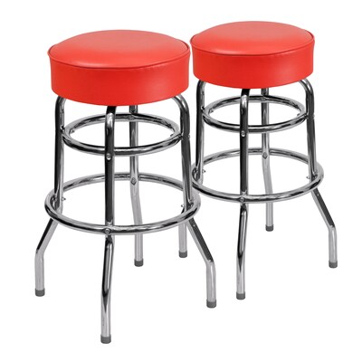 Flash Furniture Bruno Traditional Vinyl/Metal Double Ring Barstool without Back, Chrome/Red, 2-Pieces/Pack (2XUD100RED)