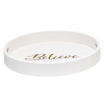 Elegant Designs "Believe" Decorative 13.75" Round Wood Serving Tray w/ Handles, White Wash (HG2013-WBV)