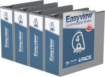 Davis Group Easyview Premium 4Angle D Ring, Customizable, View Binder, Grey, 4/Pack (8406-07)