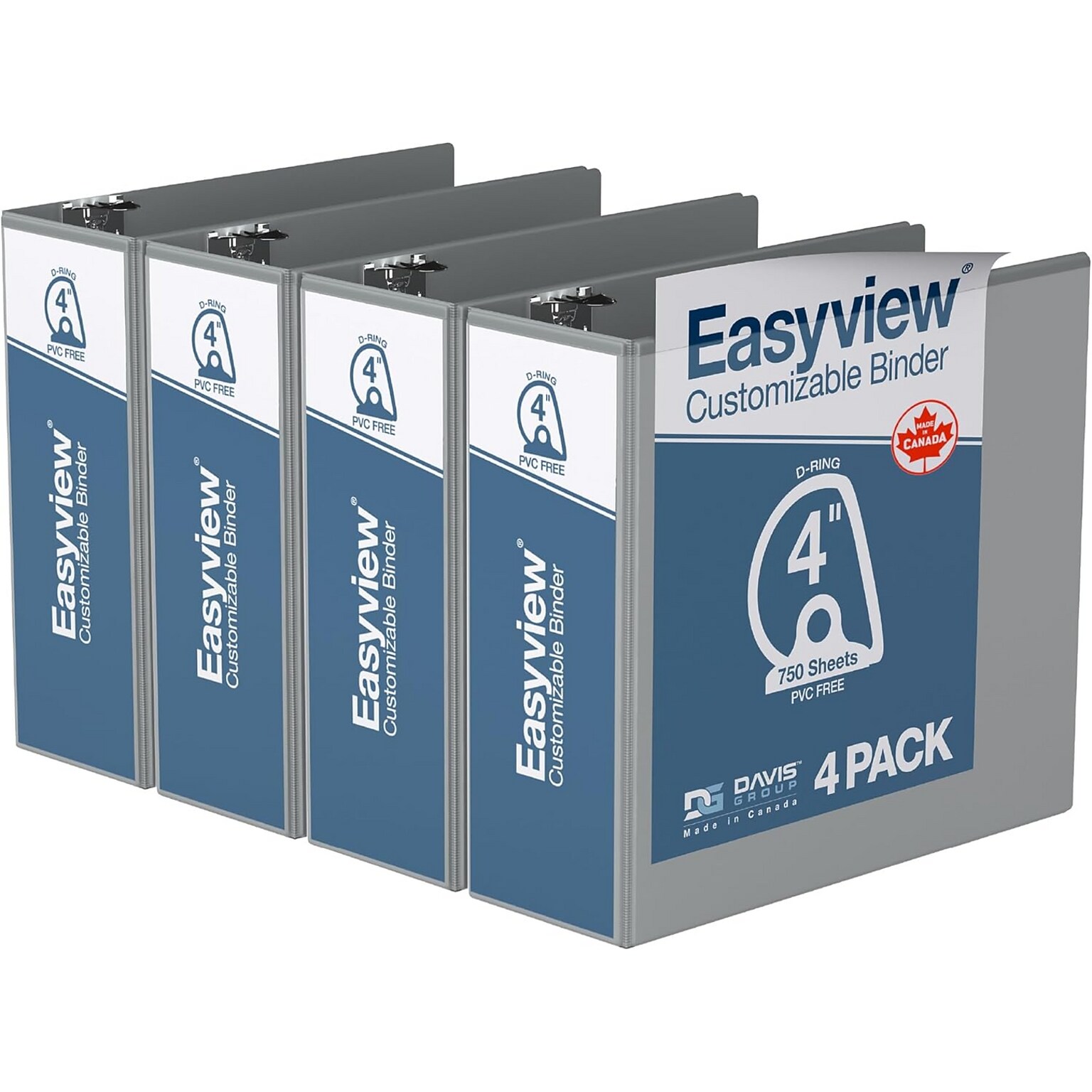Davis Group Easyview Premium 4Angle D Ring, Customizable, View Binder, Grey, 4/Pack (8406-07)
