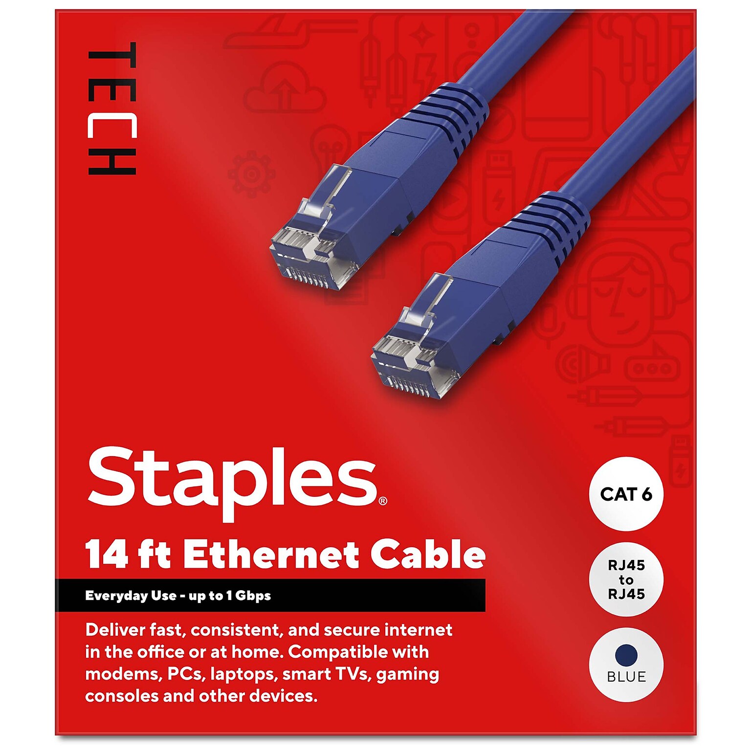 Staples TECH 14 ft. Cat-6 Ethernet Cable, Male to Male, Blue (ST62455)