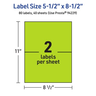 Avery Printable Rectangle Multipurpose Labels, 5.5" x 8.5", Bright Green, 80/Pack (94229)