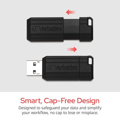 Verbatim PinStripe 64GB USB 2.0 Type A Flash Drive, Black, 10/Pack (70901)