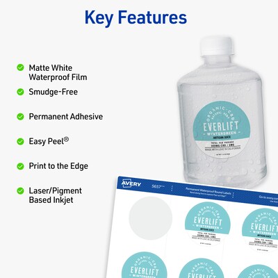 Avery Sure Feed Laser Round Identification & Color Coding, 2 Dia, Matte White, 12 Labels/Sheet, 8 Sheets/Pack (05657)