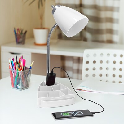Simple Designs Gooseneck Organizer LED Desk Lamp, 18.50", with iPad Tablet Stand and Charging Outlet, White (LD1057-WHT)