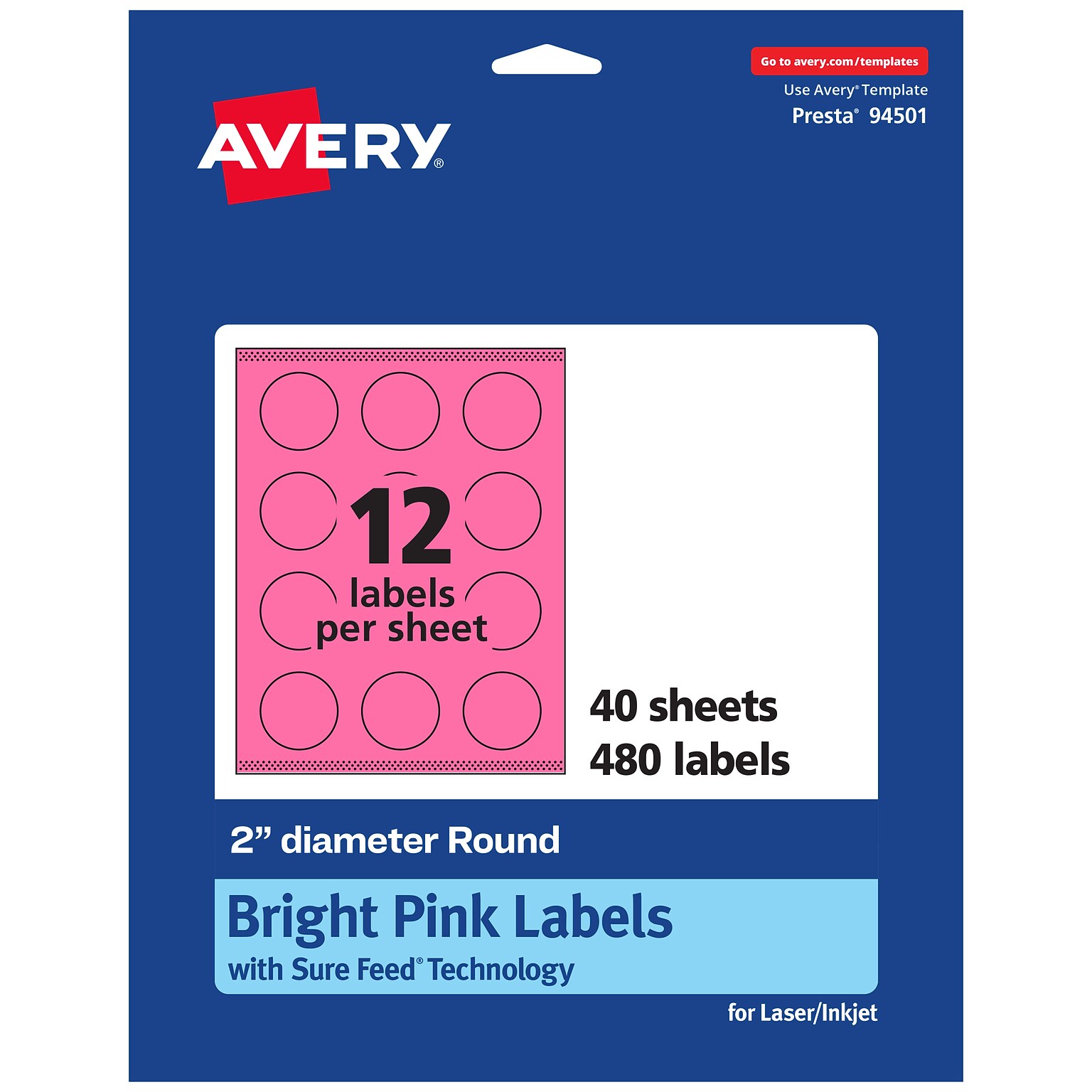 Avery Laser/Inkjet Round Multipurpose Labels, 2 Dia., Bright Pink, 480/Pack (94501)
