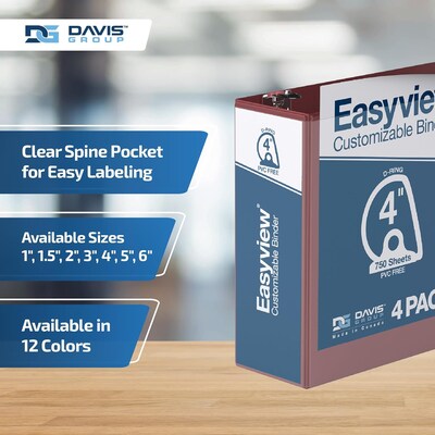 Davis Group Easyview Premium 4" Angle D Ring, Customizable, View Binder, Burgundy, 4/Pack (8406-08
