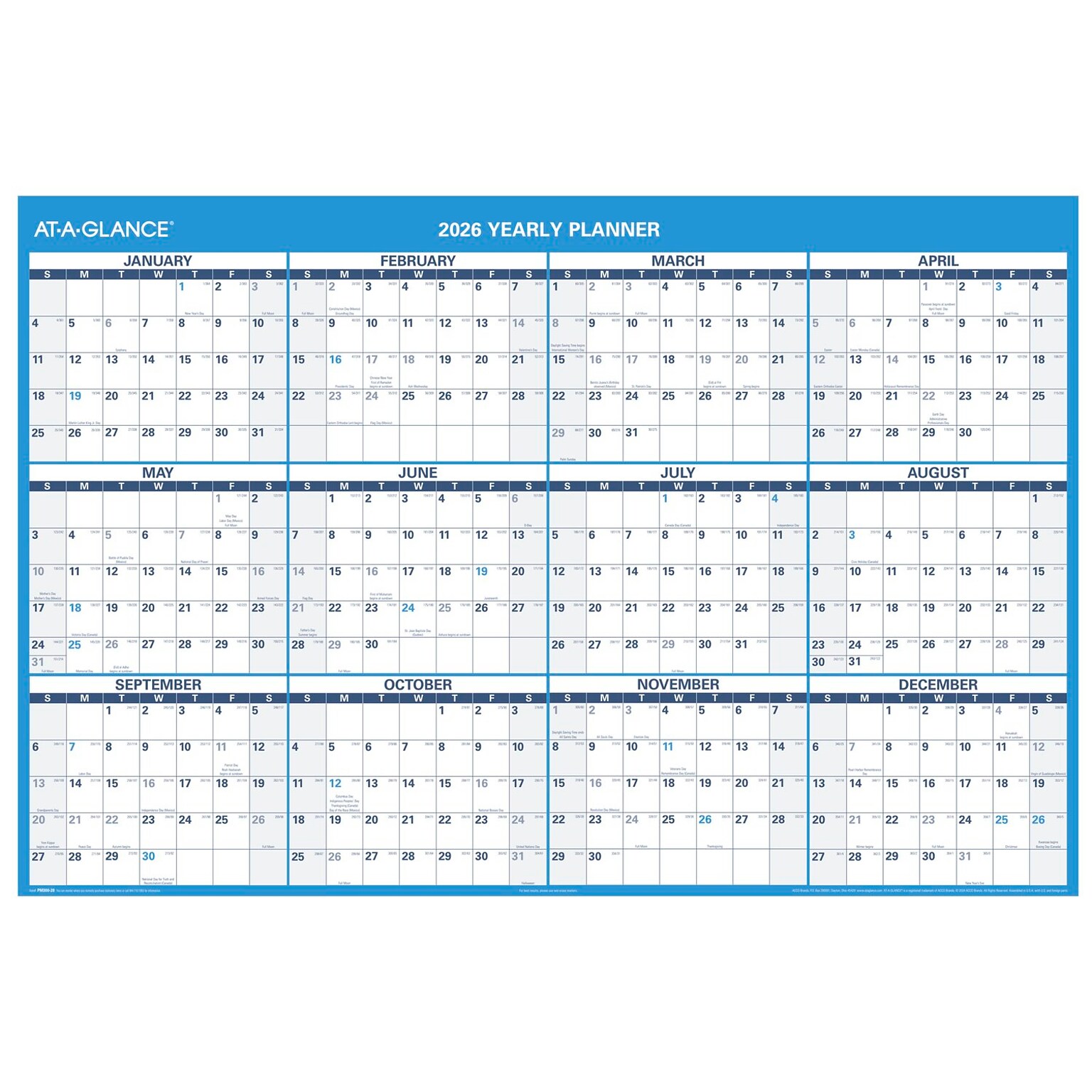 2026 AT-A-GLANCE 48 x 32 Yearly Dry Erase Wall Calendar, Reversible, White/Blue (PM300-28-26)