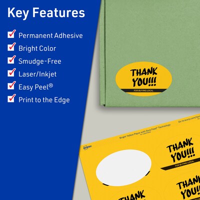 Avery Laser/Inkjet Oval Multipurpose Labels, 2 x 3-1/3, Bright Yellow, 640/Box (94056)