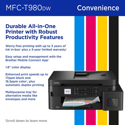 Brother INKvestment Tank MFC-T980DW Wireless Color All-In-One Supertank Inkjet Printer, Best for Home Office