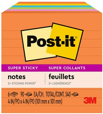 Post-it Super Sticky Notes, 4" x 4", Energy Boost Collection, Lined, 90 Sheets/Pad, 6 Pads/Pack (675-6SSUC)